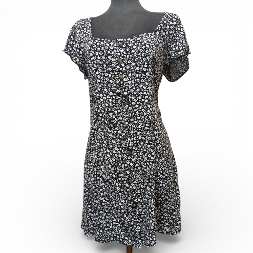 American Eagle Black White Floral Minidress Large Milkmaid Festival Summer